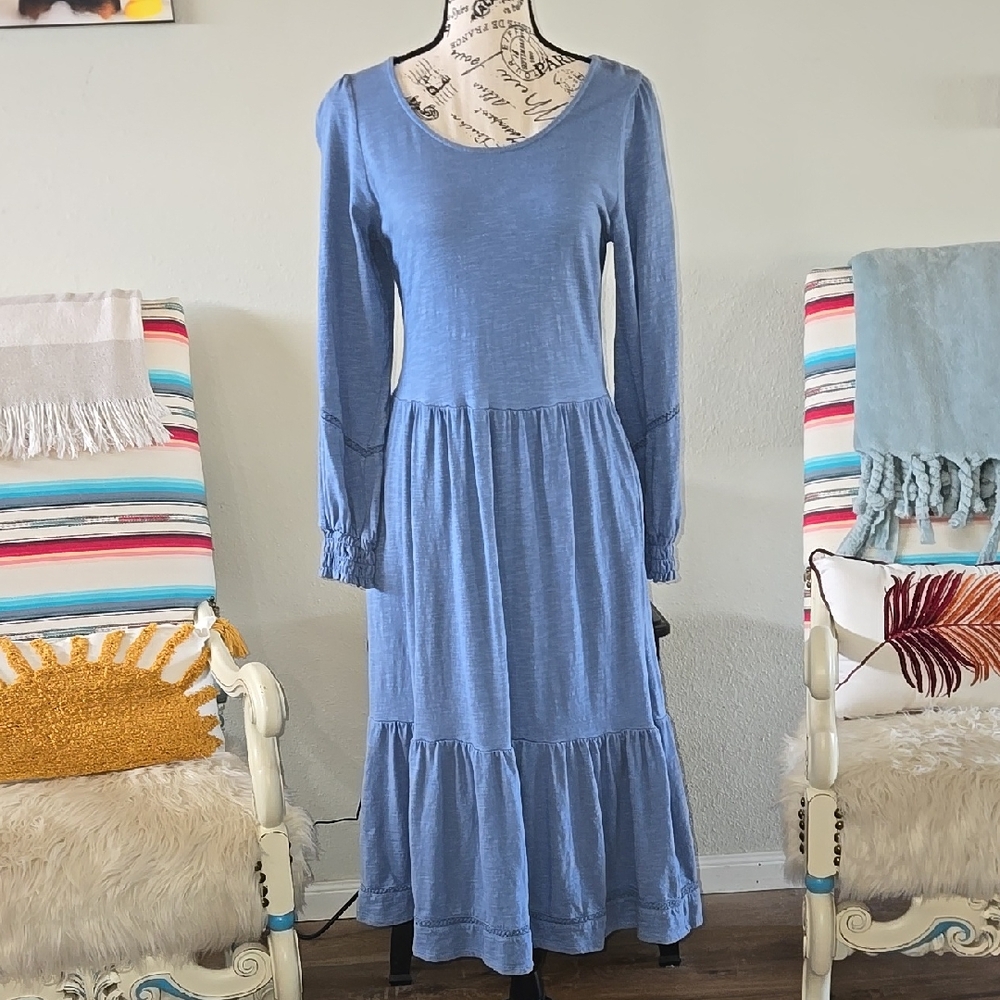 Long Sleeve Cotton/Linen Blend Tiered Midi Dress